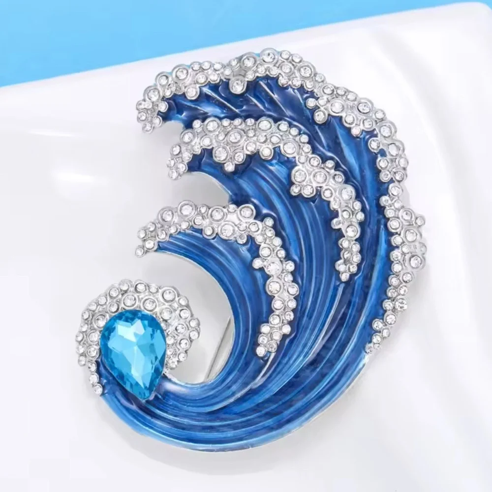 Blue Silver Wave Crystal Brooch - Picture 3 of 7